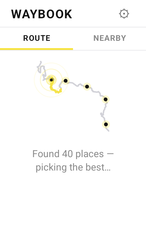 A build in progress: the scanner sweeping the route while found places land as pins