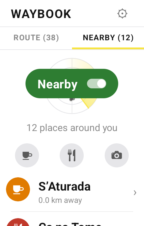 The NEARBY tab: twelve places around Caimari, a radar sweep and the filter coins