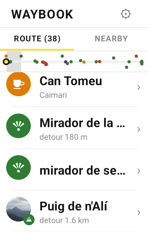 The Waybook ROUTE tab on a Karoo: 38 places from Caimari to Sa Calobra, with a cafe, two miradors and a photographed summit