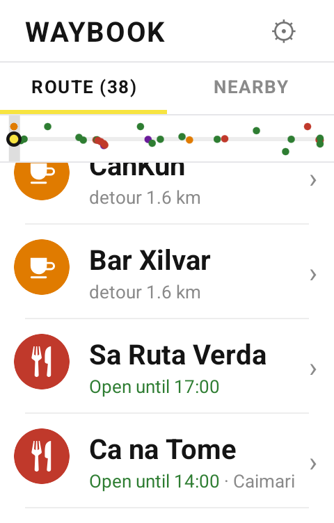 The list scrolled: the route as a rail across the top, Sa Ruta Verda and Ca na Tome with their opening hours