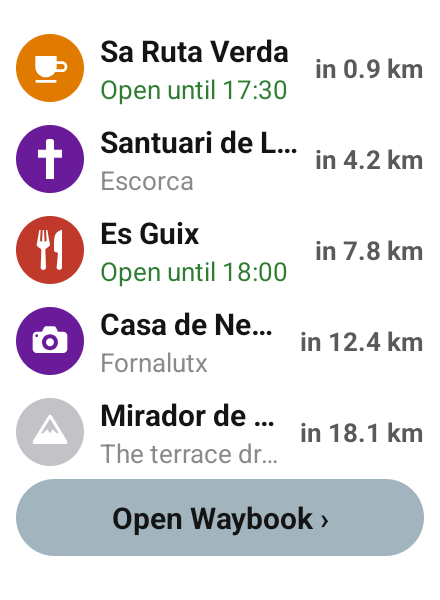 The Waybook Route field: the next five places with distances and opening hours