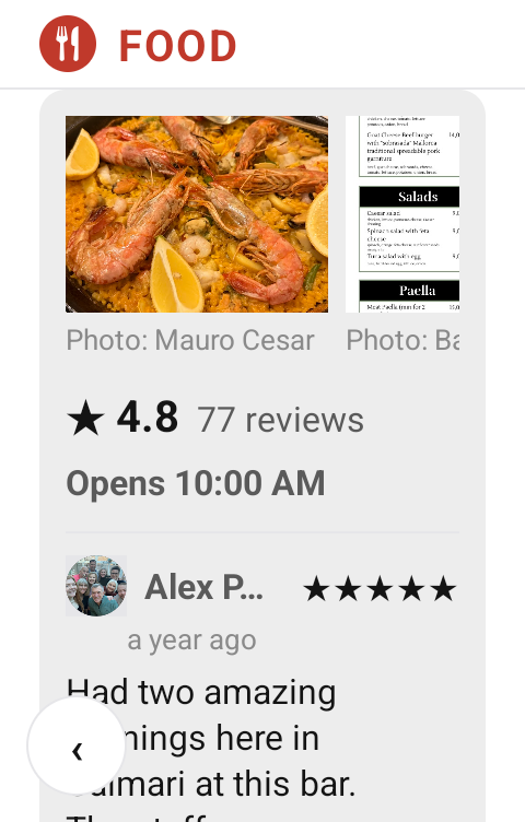 The opened Google block: rating, two credited venue photographs, and a five-star review