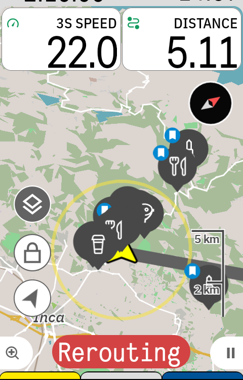 The Karoo's map mid-ride: the search circle drawn around the rider with cafe and food pins inside it
