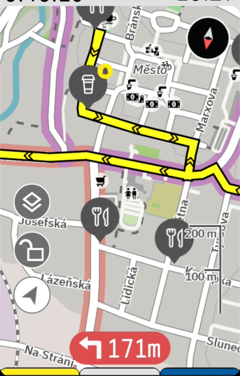 Waybook's pins on the Karoo's map alongside the navigation line, a cafe and two places to eat in the next village