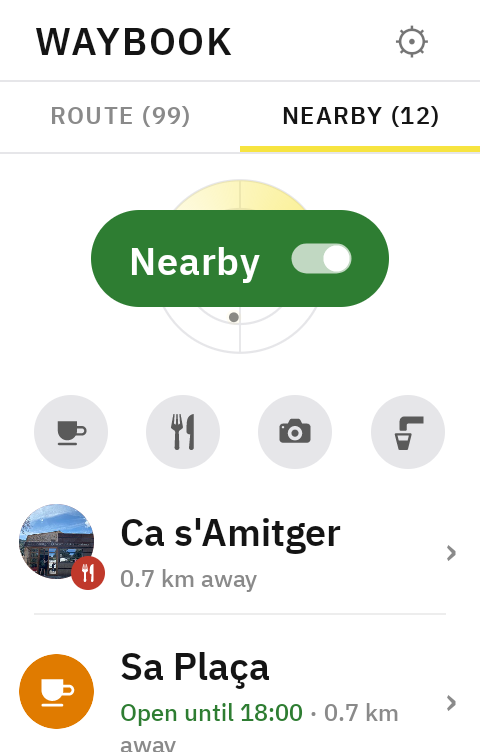 The NEARBY tab: twelve places found around the rider, the radar mid-sweep, the four filter coins, and below them a restaurant and a cafe open until six